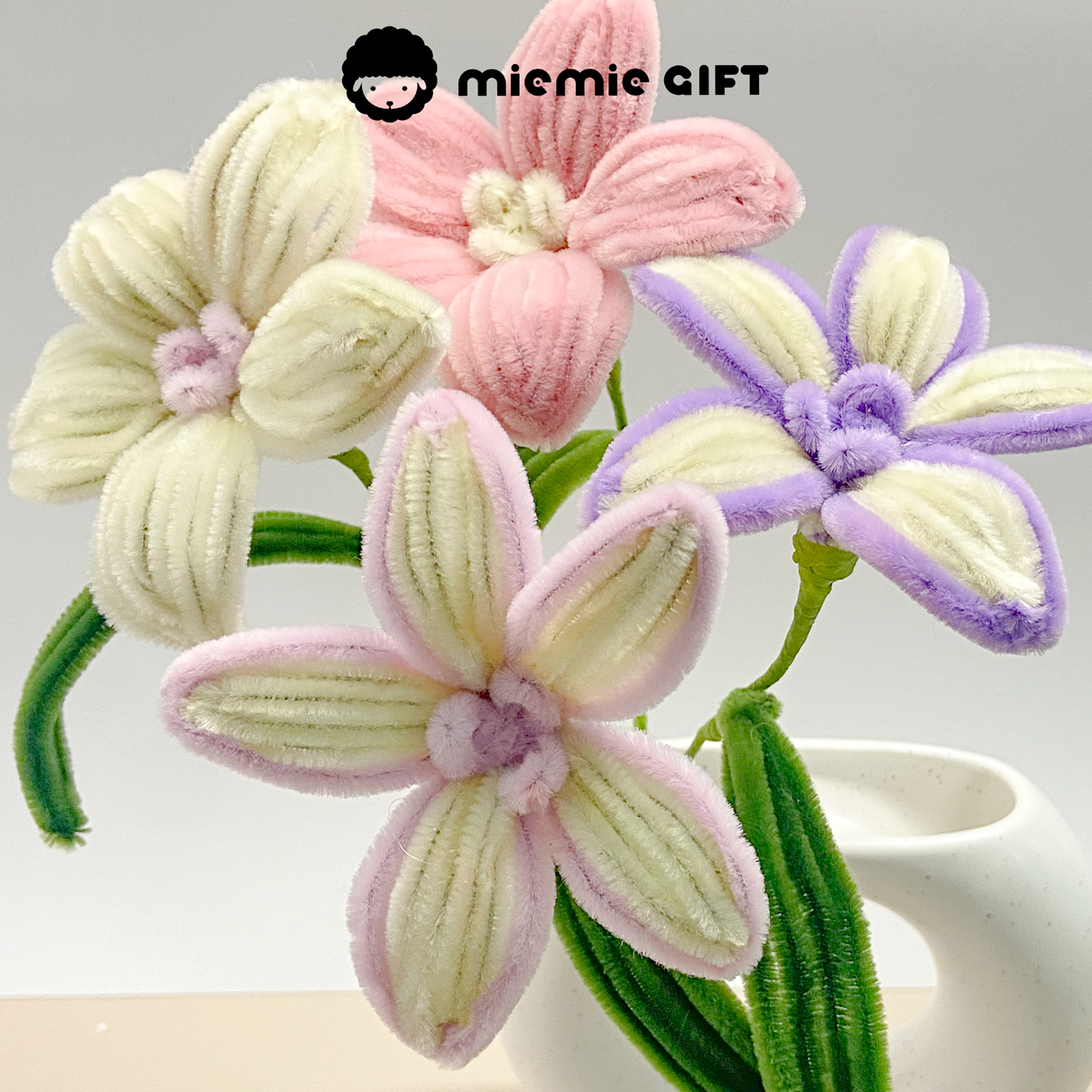 Fuzzy Pipe-Cleaner Lilies in a Modern White Vase by MieMie Gift