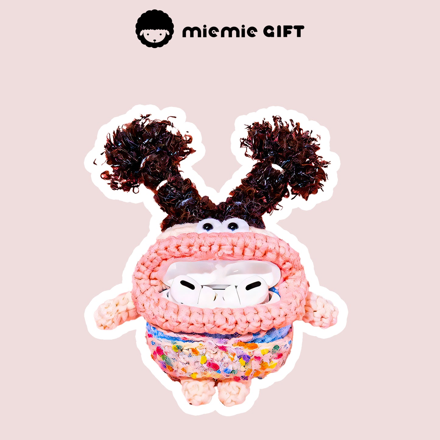 AirPods placed inside the handcrafted double braid ponytail knitted earphone case in pastel pink with colorful yarn accents, showcasing a perfect fit and playful design.