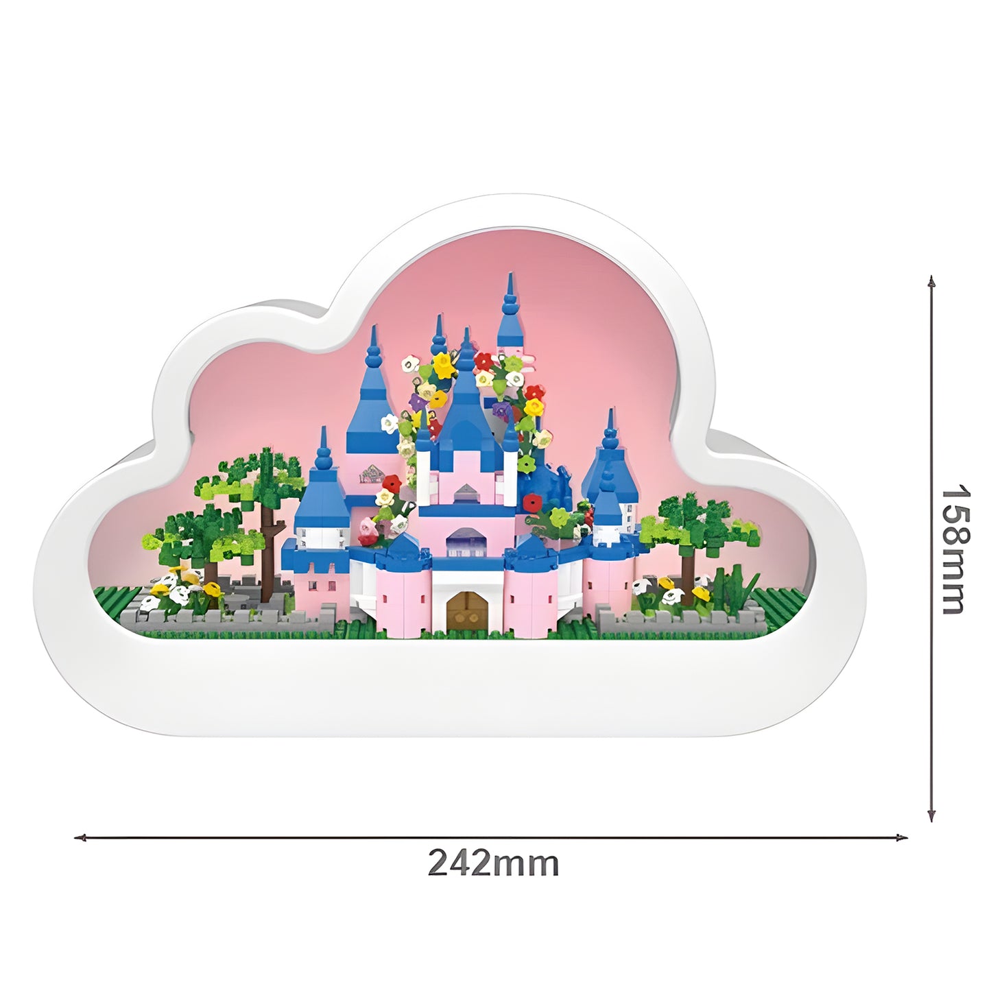 A DIY cloud-shaped nightlight with detailed measurements, showcasing a pastel pink castle design made of building blocks inside.