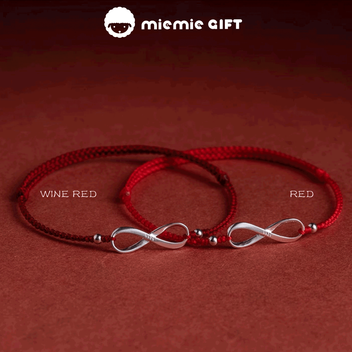 Artisan-crafted Red String Bracelets with S925 Sterling Silver Möbius Ring Charms a beautiful symbol of infinite love and destiny with a choice of two rich colors deep wine red or classic red
