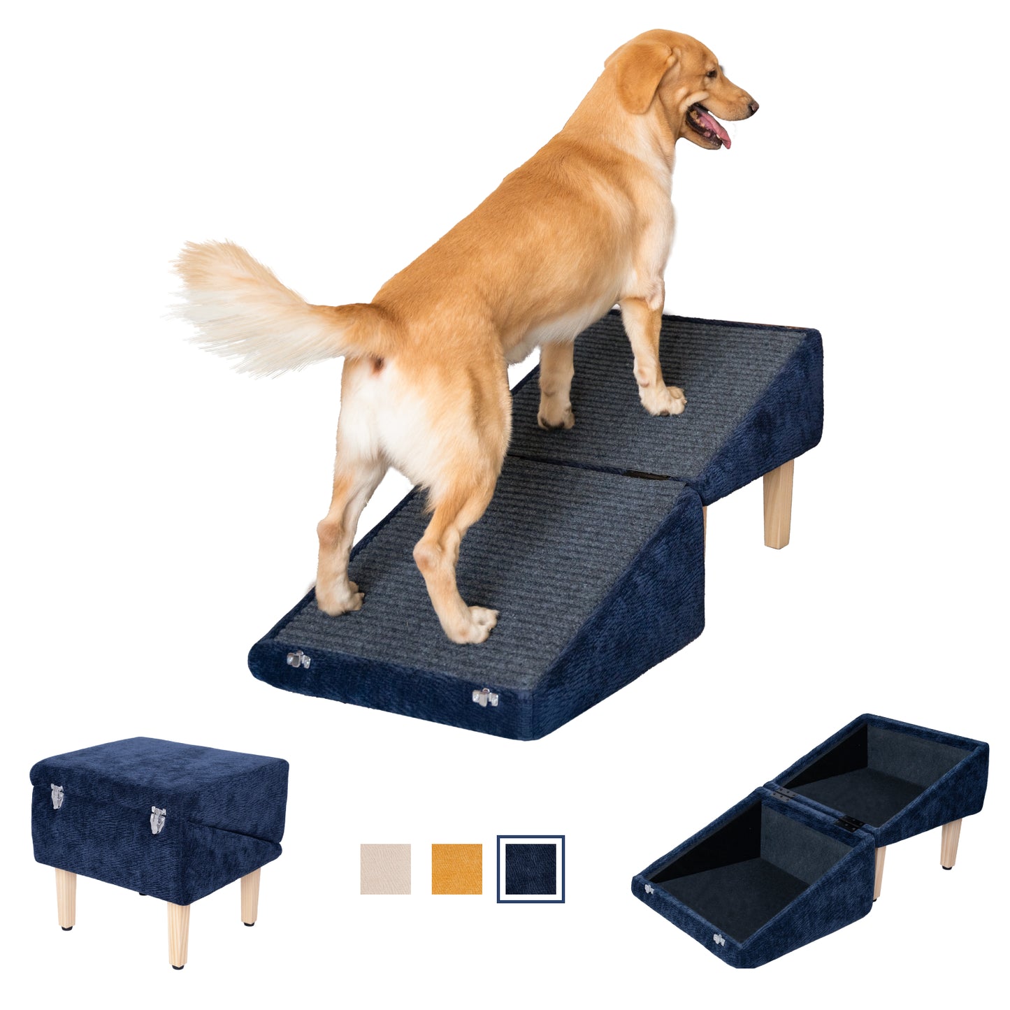 Golden retriever climbing on MieMie’s Corner convertible dog ramp in navy blue chenille. Includes storage ottoman, ramp mode, and color selection.