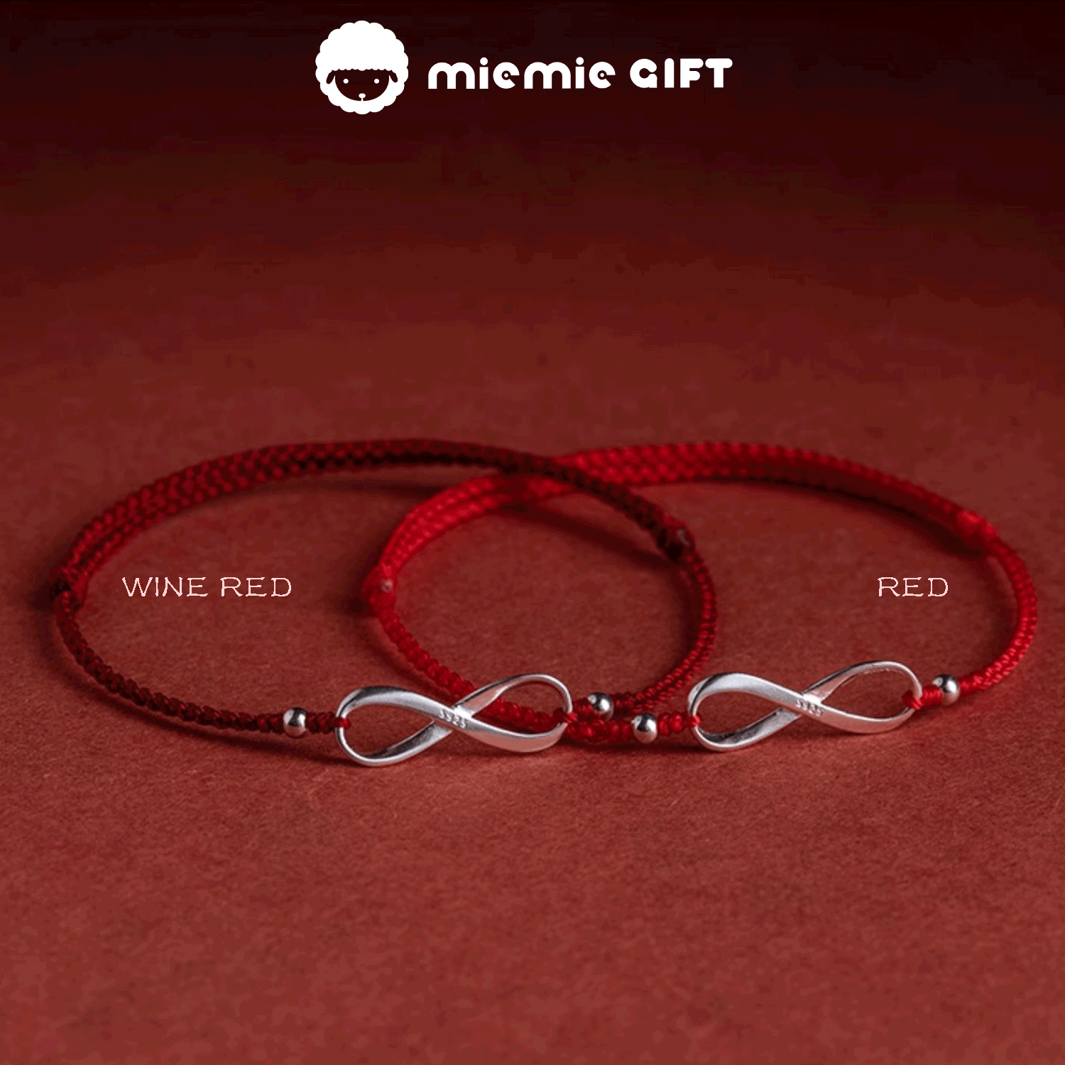 Artisan-crafted Red String Bracelets with S925 Sterling Silver Möbius Ring Charms  a beautiful symbol of infinite love and destiny with a choice of two rich colors deep wine red or classic red
