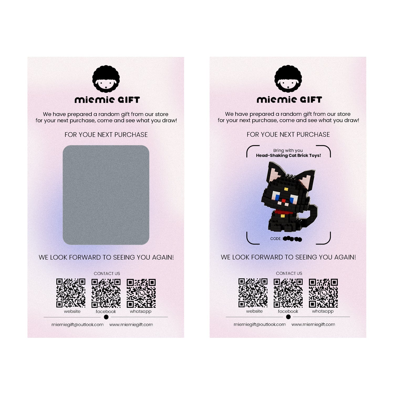 A MieMie Gift lucky scratch card with a mystery gift for the next purchase. The card features a scratch-off area revealing a random prize, such as a cute black cat brick toy, and includes a unique redemption code. The design has a pastel gradient background with contact details and QR codes for website and social media access.