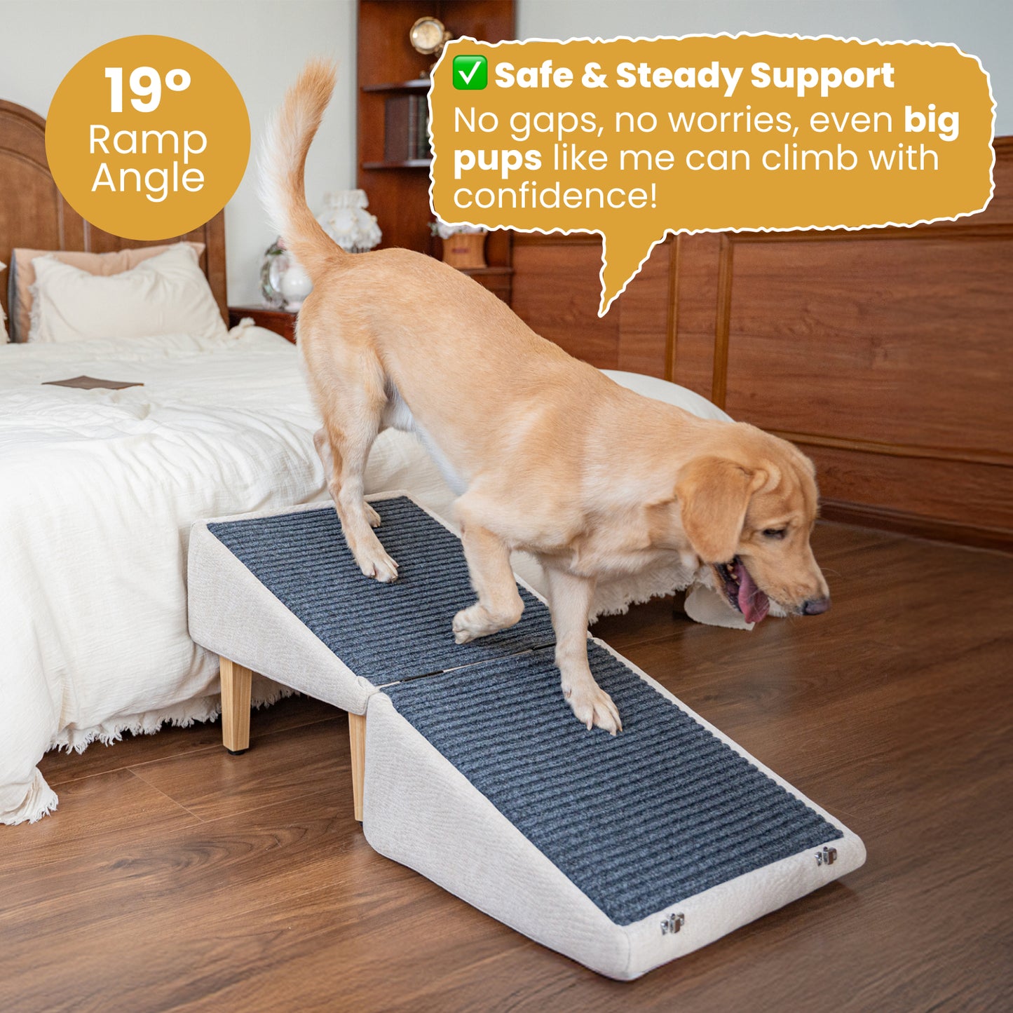 Golden retriever confidently walking down the MieMie's Corner pet ramp in a cozy bedroom setting. The light beige ramp with wooden legs and a 19° gentle incline ensures safe support for big dogs. Bed and wood furniture in background add warmth to the indoor scene.