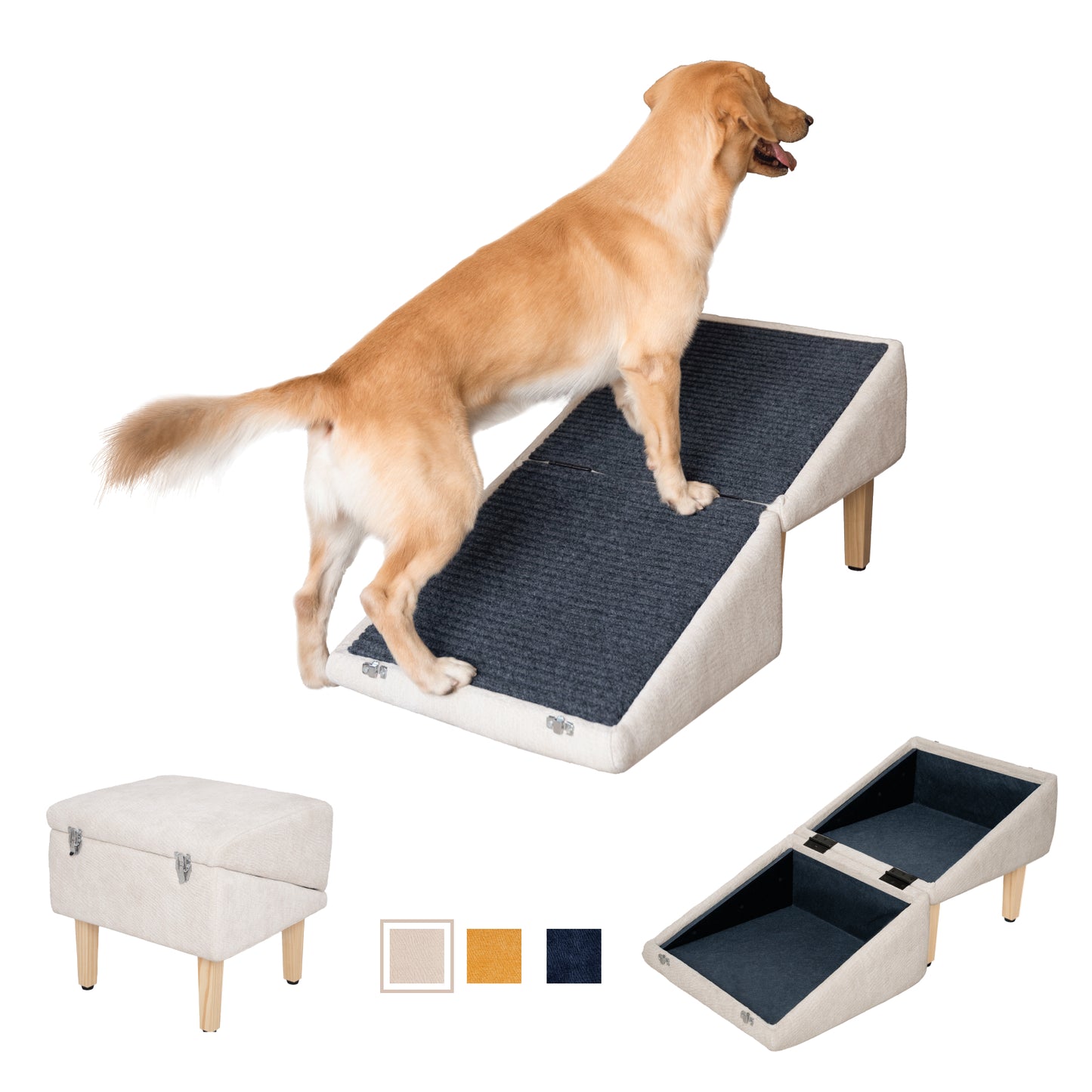 Golden retriever climbing on MieMie’s Corner convertible dog ramp in beige chenille. Features storage ottoman, ramp setup, and color swatches.