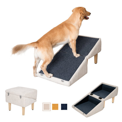 Golden retriever climbing on MieMie’s Corner convertible dog ramp in beige chenille. Features storage ottoman, ramp setup, and color swatches.