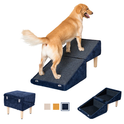 Golden retriever climbing on MieMie’s Corner convertible dog ramp in navy blue chenille. Includes storage ottoman, ramp mode, and color selection.