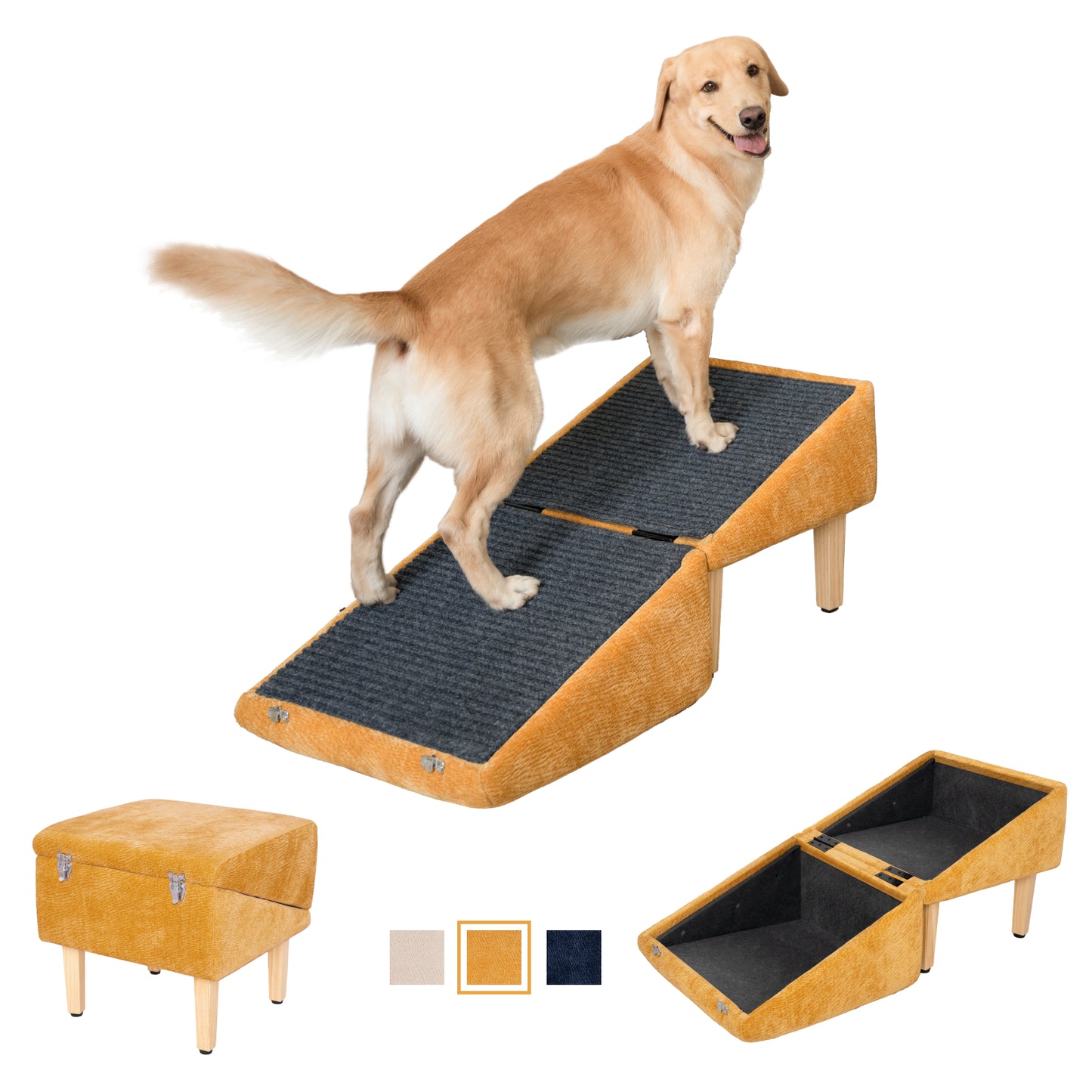 Golden retriever standing on MieMie’s Corner convertible dog ramp in orange chenille. Includes storage ottoman, ramp setup, and three color swatches.