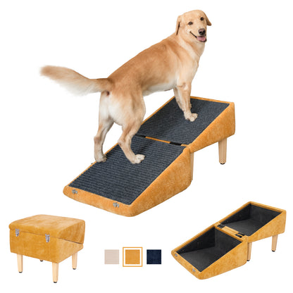 Golden retriever standing on MieMie’s Corner convertible dog ramp in orange chenille. Includes storage ottoman, ramp setup, and three color swatches.