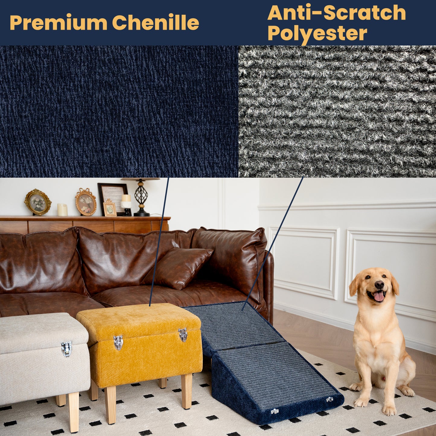 Material comparison of MieMie’s Corner pet ramp showing navy premium chenille and anti-scratch polyester. Ramp and ottomans displayed in a living room with a happy dog nearby.
