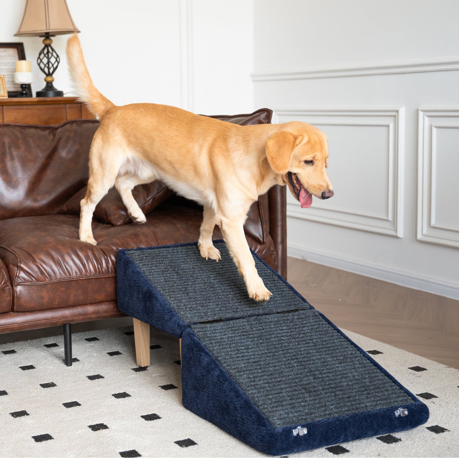 Golden retriever walking down a navy blue MieMie's Corner pet ramp from a brown leather couch in a modern living room. The ramp features wooden legs and anti-slip carpet, supporting safe descent for large dogs on a geometric rug.